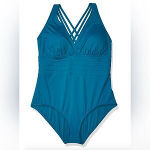 LA BLANCA Island Goddess Strappy Cross Back One Piece Swimsuit Size 14 Teal Blue